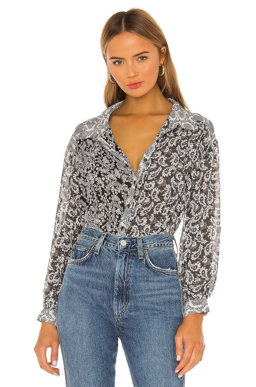 Free People Black Combo Paisley Dani Button Down Relaxed Fit Boho Top XS